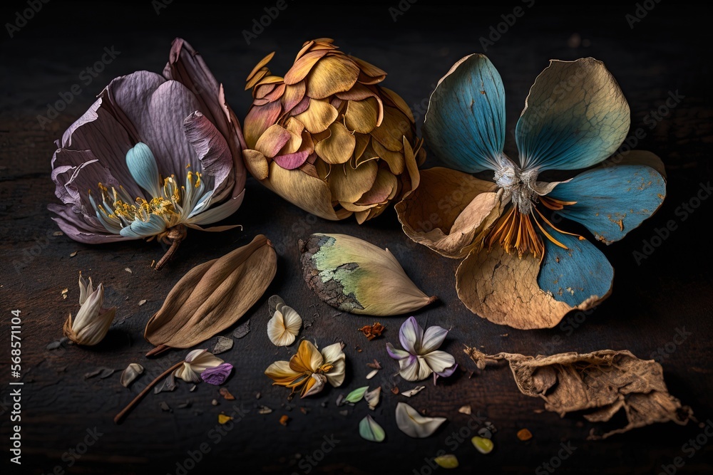  a group of flowers sitting on top of a wooden table next to leaves and flowers on a table top next to leaves and flowers on a table.  generative ai