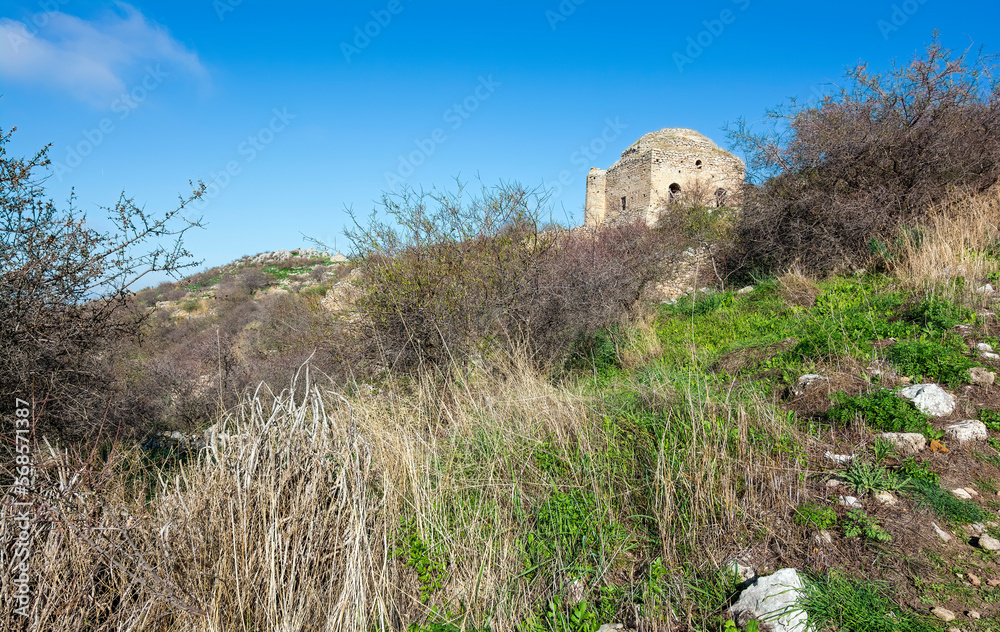 Medieval fortress Acrocorinth on a sunny day, Peloponnese, Greece Medieval fortress Acrocorinth on a sunny day, Peloponnese, Greece