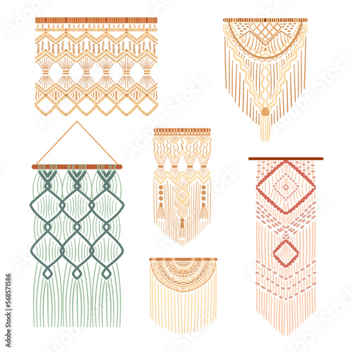 Set Of Macrame Decorative Knotting Technique, Intricate Textured Patterns In Rope Or Twine Made Of Natural Fibers