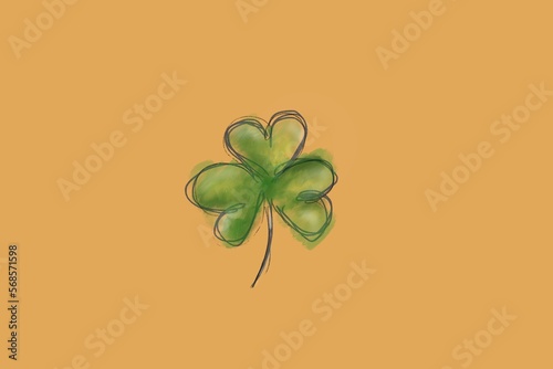 Hand drawn watercolour clover leaf on camel background