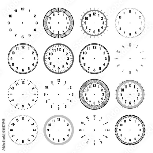 Mechanical clock faces with arabic numerals, bezel. Watch dial with minute, hour marks and numbers. Timer or stopwatch element. Blank measuring circle scale with divisions. Vector illustration