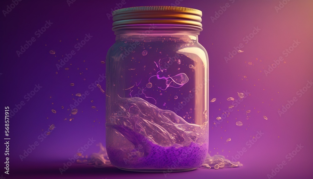 a jar filled with purple liquid on top of a purple surface with a yellow lid and a yellow cap on top of the jar is filled with purple liquid. generative ai a jar filled with purple liquid on top of a purple surface with a yellow lid and a yellow cap on top of the jar is filled with purple liquid. generative ai