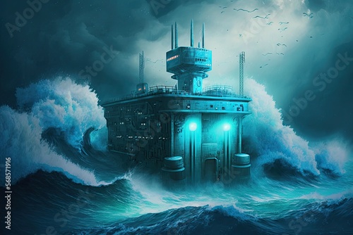 Wave Energy station in future. Tidal energy: generator in the ocean. AI generative