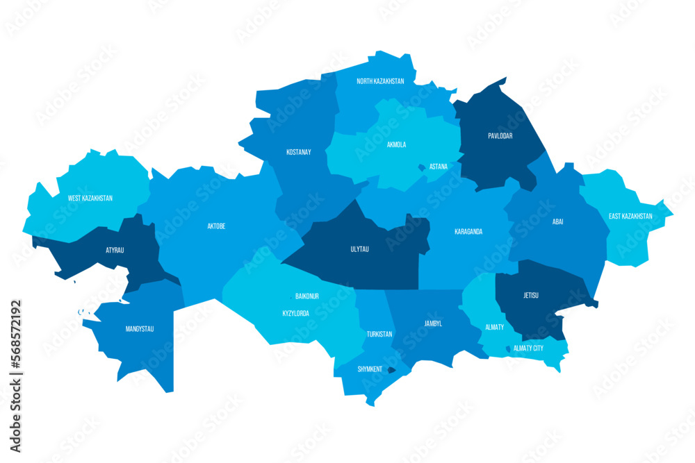 Kazakhstan political map of administrative divisions - regions and cities with region rights and city of republic significance Baikonur. Flat blue vector map with name labels.
