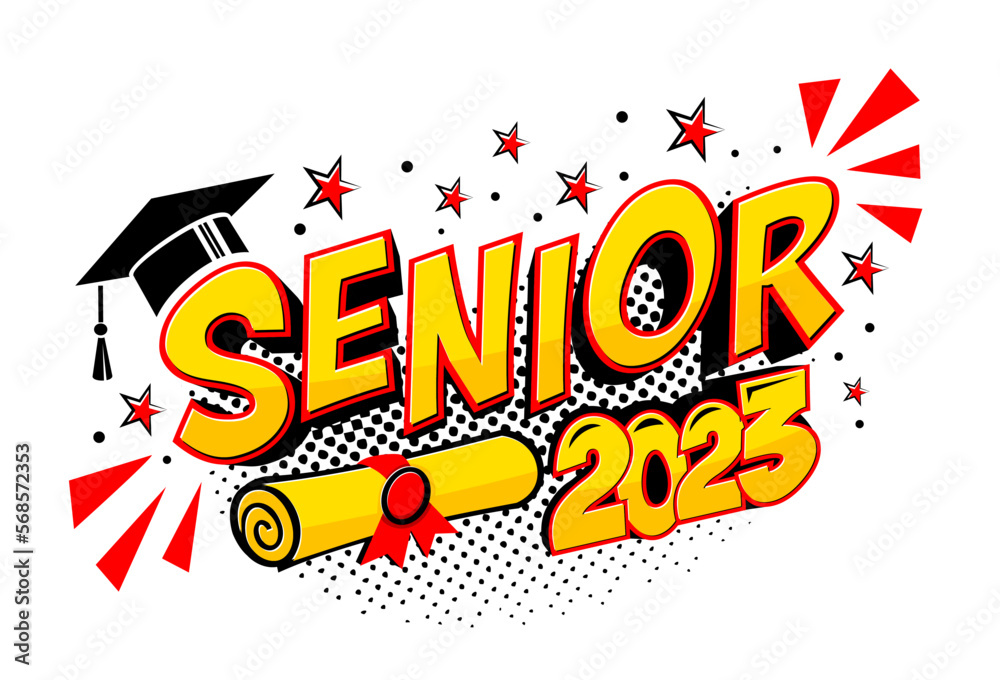Fototapeta premium 2023 class graduate header. Decorate congratulation for school graduates in comic cartoon style. Vector on transparent background