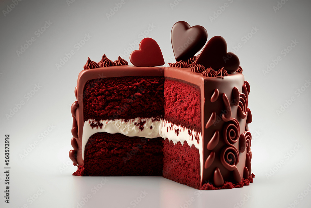 Fetta di torta red velvet con cuori di cioccolato e glassa per San ...