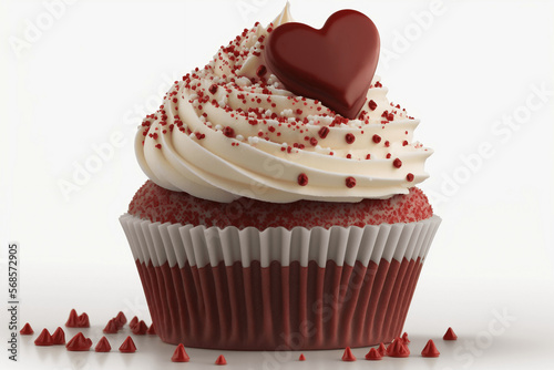 Cupcake rosso red velvet con cuore di cioccolato e glassa per San Valentino su sfondo bianco generato dall'AI