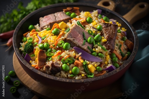  a bowl filled with rice, peas, peas, and ham on top of a wooden table next to a cutting board with a knife. generative ai