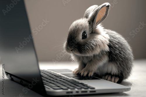 Coniglietto su sfondo bianco uniforme che utilizza un PC laptop generato dall'AI photo