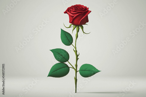 Rosa rossa con stelo e foglie verdi in stile render 3D su sfondo bianco generata dall'AI photo