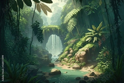 Summer: A tropical jungle with lush green foliage and a waterfall.photowallpaper,wallpapers for home,landscape, generative ai	 photo