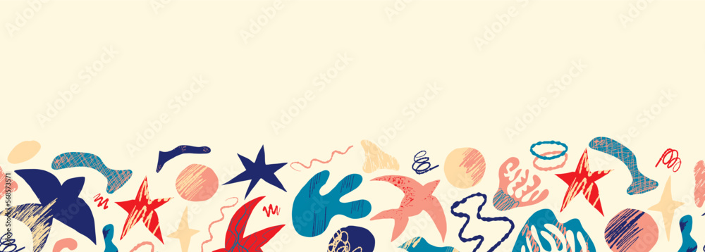 Vector seamless border with abstract bright elements, stars, geometric elements in the Matisse style Vector seamless border with abstract bright elements, stars, geometric elements in the Matisse style