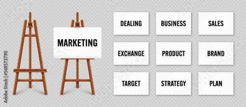 Realistic paint desk with text on white canvas. Wooden easel and a sheet of drawing paper. Presentation board on a tripod. Business investment, economics and finance. Vector illustration
