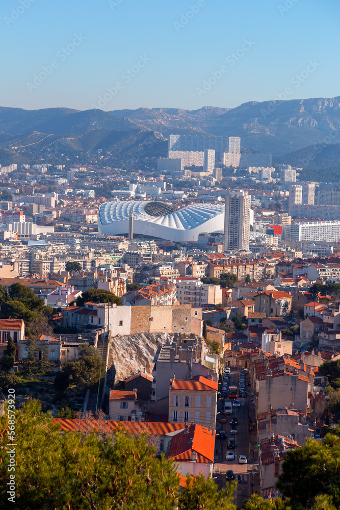 Aerial view of the city of Marseille on a sunny winter dayMarseille, France - FEB 28, 2022: 