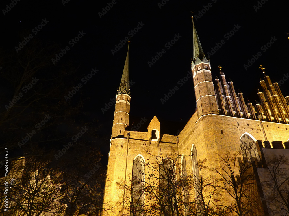 Fototapeta premium Fragment of the illuminated St. Mary's Basilica in Gdansk on a cloudy winter night, Gdansk, Poland