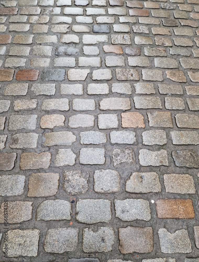 Obraz premium A fragment of a cobbled street in the Old Town in Gdansk on a rainy autumn day, Gdansk, Poland.