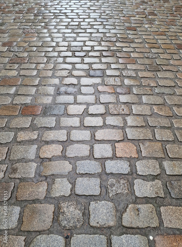 A fragment of a cobbled street in the Old Town in Gdansk on a rainy autumn day, Gdansk, Poland.