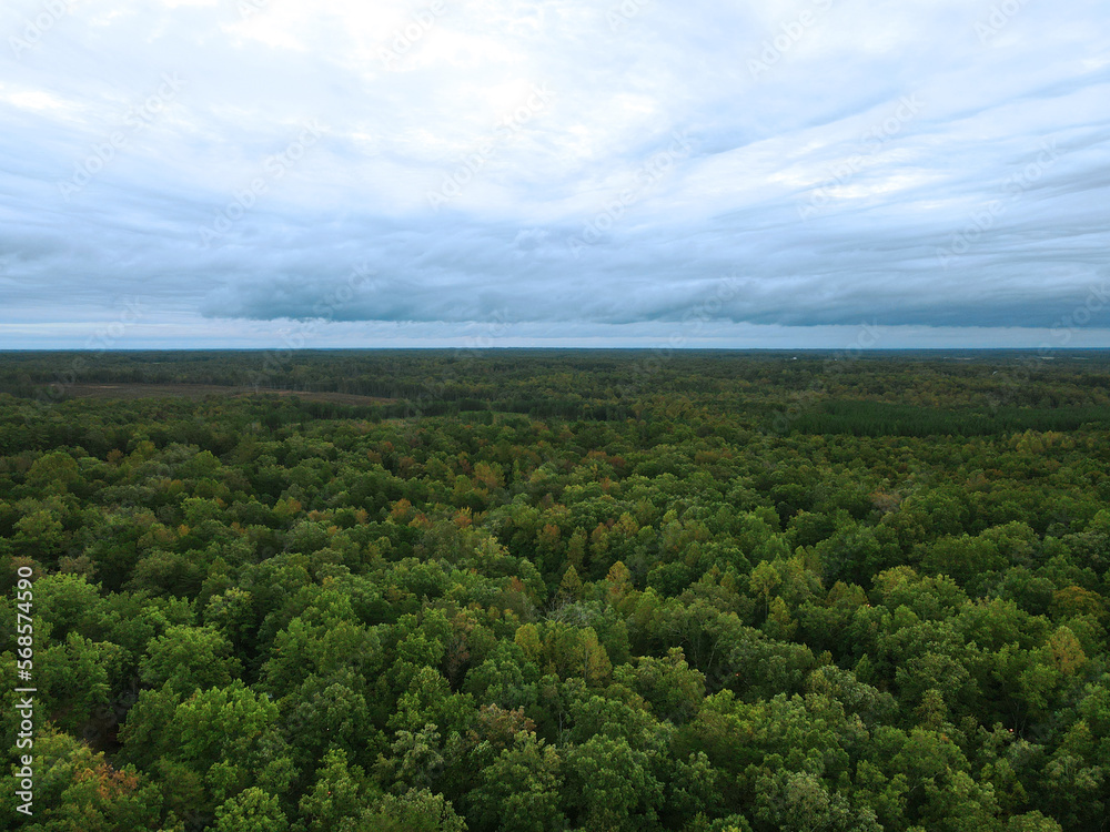 Aerial drone view of dense forest and stormy clouds in the sky over rural Virginia countryside