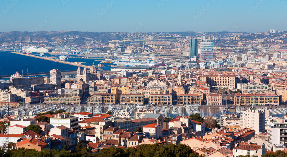 Aerial view of the city of Marseille on a sunny winter day