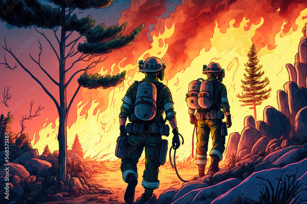 Naklejka premium Czech firefighters try to extinguish the burning blaze of a forest fire near in the village of Avgaria on the Greek island of Evia, August 10, 2021. Generative AI