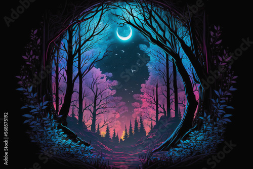 Night forest, psychedelic glow, mystical atmosphere.