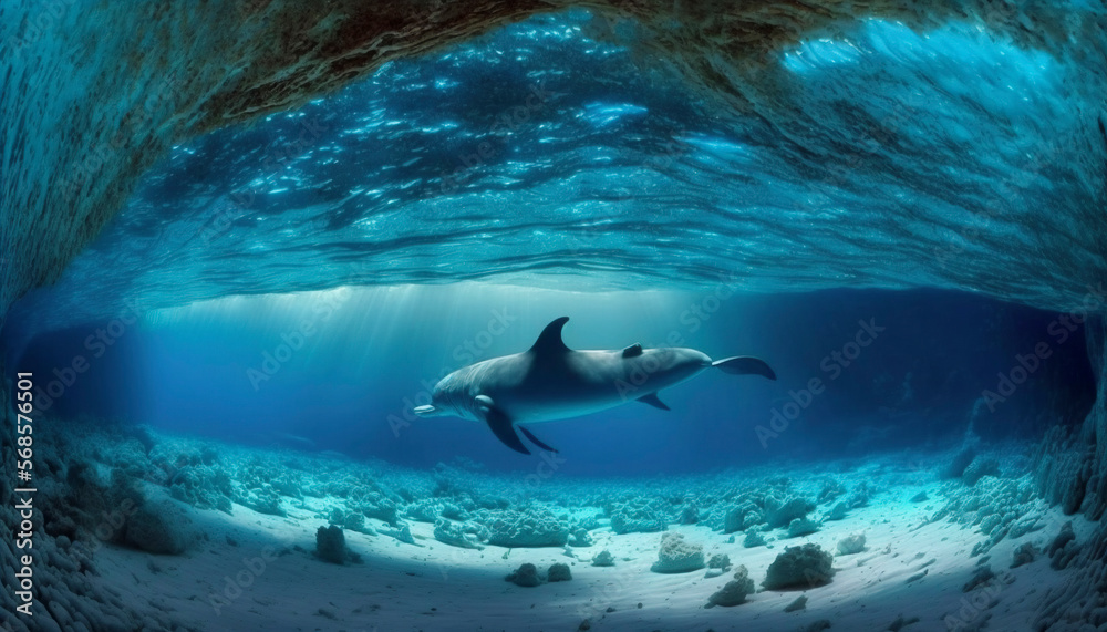 Obraz premium Delphins swimming in the blue sea. Ai generative.