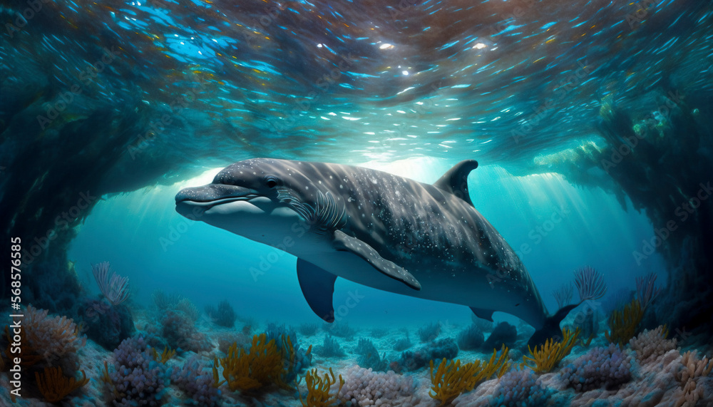 Delphins swimming in the blue sea. Ai generative.