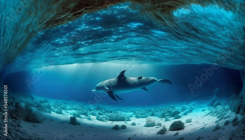 Delphins swimming in the blue sea. Ai generative. © Juan