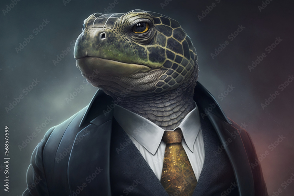 Portrait of a Turtle Dressed in a Formal Business Suit, The Elegant Boss Turtle, Generative Ai