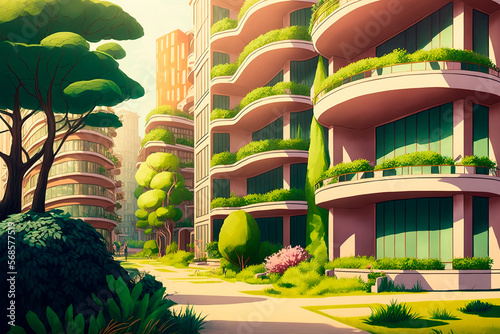 future smart cities, sustainable citys, sustainable high rises with lush plant life. illustration generative ai #568577519