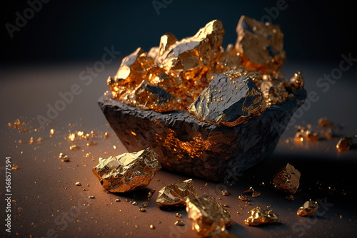 Closeup of big gold nugget with small pices scattered arround photo