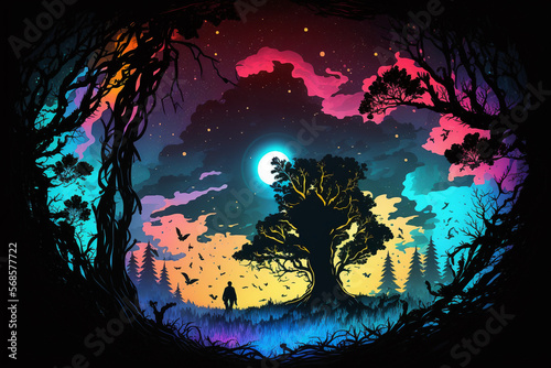 Night forest, psychedelic glow, mystical atmosphere.