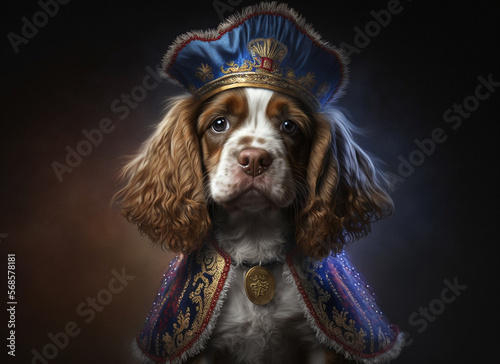A cute Cavalier king charles spaniel puppy with king costume for carnival with king clothes and cloth king crown, Generative AI