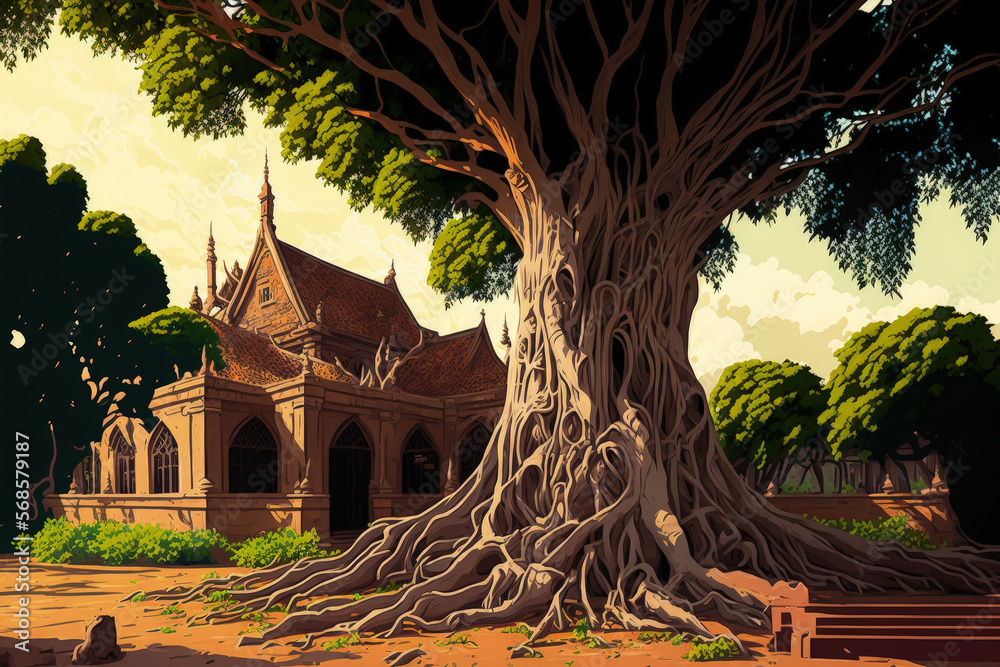 ภาพประกอบสต็อก large root of banyan tree landscape of historic pagoda ...