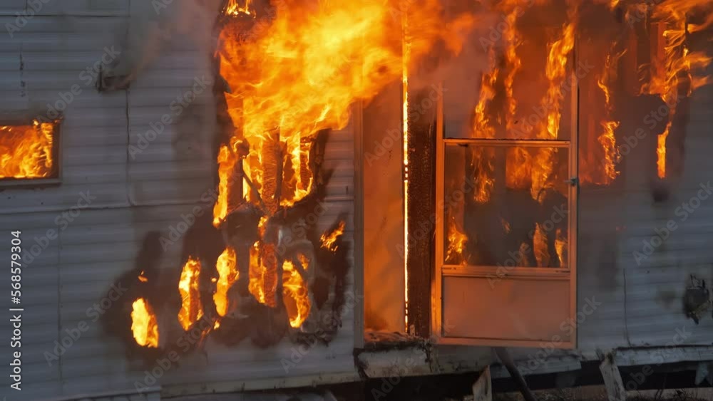 Epic shot of a trailer home on fire. House engulfed in flames with fire and smoke rising out of the door and windows.