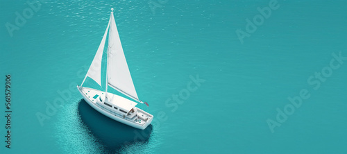 Top view shot of a white sailboat banner on a clear light blue ocean.Copy space.Created with generative ai photo