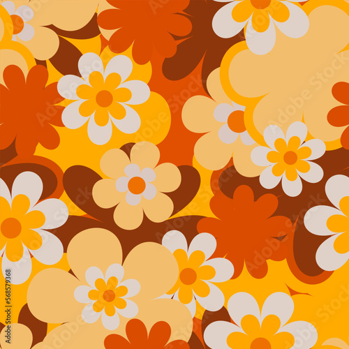 Colorful Floral Vector Seamless Pattern. Retro 70s Style Nostalgic Fashion Textile Bold Background. Summer Resort Print. Daisies. Flower Power