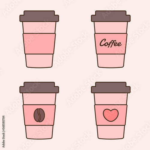 Delicious coffee pink paper cup icon with coffee beans, with the inscription coffee, with a heart, line icon. Drink vector illustration design