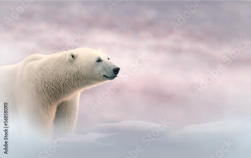 Beautiful Polar bear on a glacial chunk of ice in the ocean hunting seals. Soft pink morning light at sunrise along with fresh blowing snow, sea and ice. Image created with generative ai