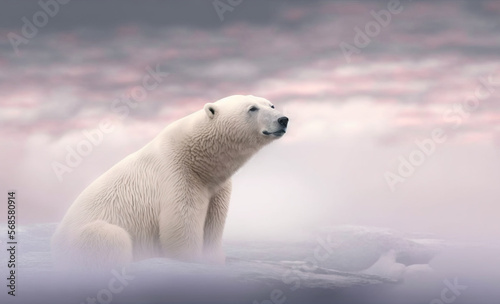 Beautiful Polar bear sitting on a glacial chunk in the ocean hunting seals. Soft pink morning light at sunrise along with fresh blowing snow, sea and ice. Image created with generative ai