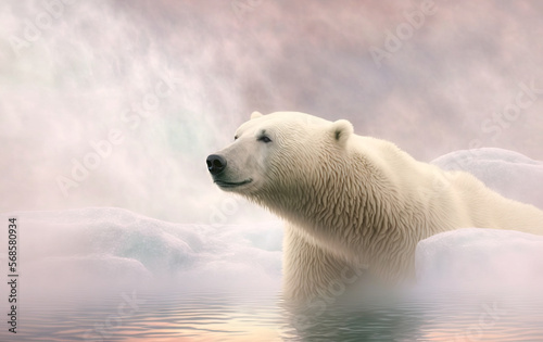Beautiful Polar bear on a glacial chunk of ice in the ocean hunting seals. Soft pink morning light at sunrise along with fresh blowing snow  sea and ice. Image created with generative ai