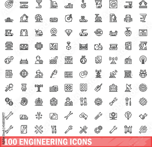 100 engineering icons set. Outline illustration of 100 engineering icons vector set isolated on white background