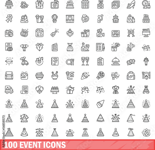 100 event icons set. Outline illustration of 100 event icons vector set isolated on white background