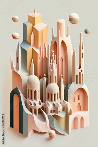 a minimalist travel illustration of Barcelona City in pastel colors with iconic symbols, geometric fluid shape composition