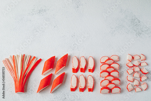 Crab sticks cutted food background photo