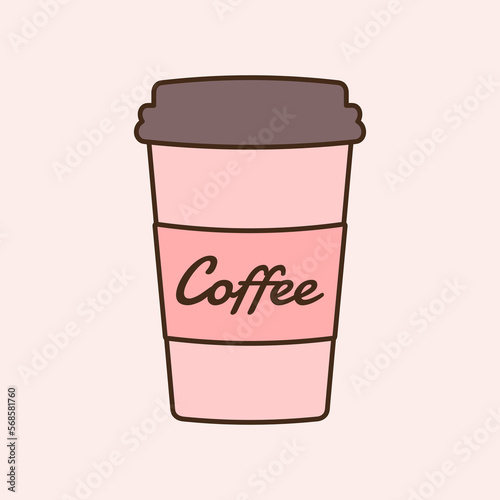 Delicious coffee pink paper cup icon with the inscription coffee, line icon. Drink vector illustration design