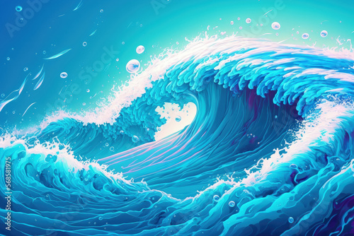 Beautiful water waves in clear blue water, blurred and swaying and splashing. Generative AI © AkuAku