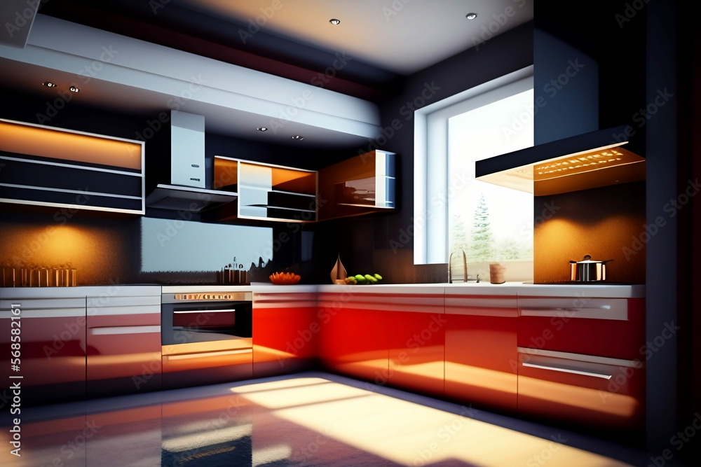 modern kitchen interior design, shining floor. generative AI. modern kitchen interior design, shining floor. generative AI.
