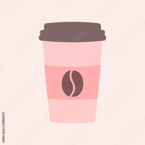 Delicious coffee pink paper cup icon with coffee beans,  line icon. Drink vector illustration design
