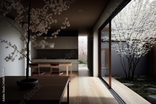 A modern minimalist interior design of a house in Japan    with clean lines and neutral colors  with a focus on natural light and open spaces . generative ai
